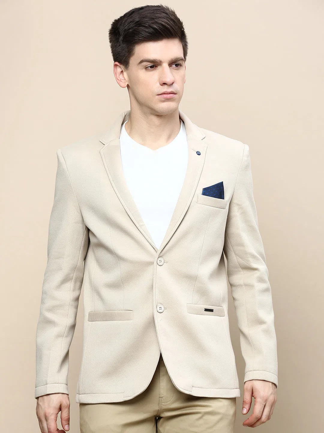 Beige Cotton Men's Ethnic Wear: Solid Nehru Jacket Blazer