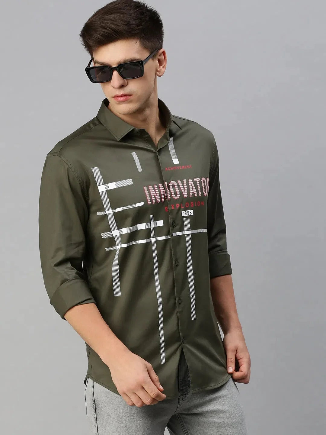 Men Green Printed Casual Shirt-JAMESTWILL-4729-Olive