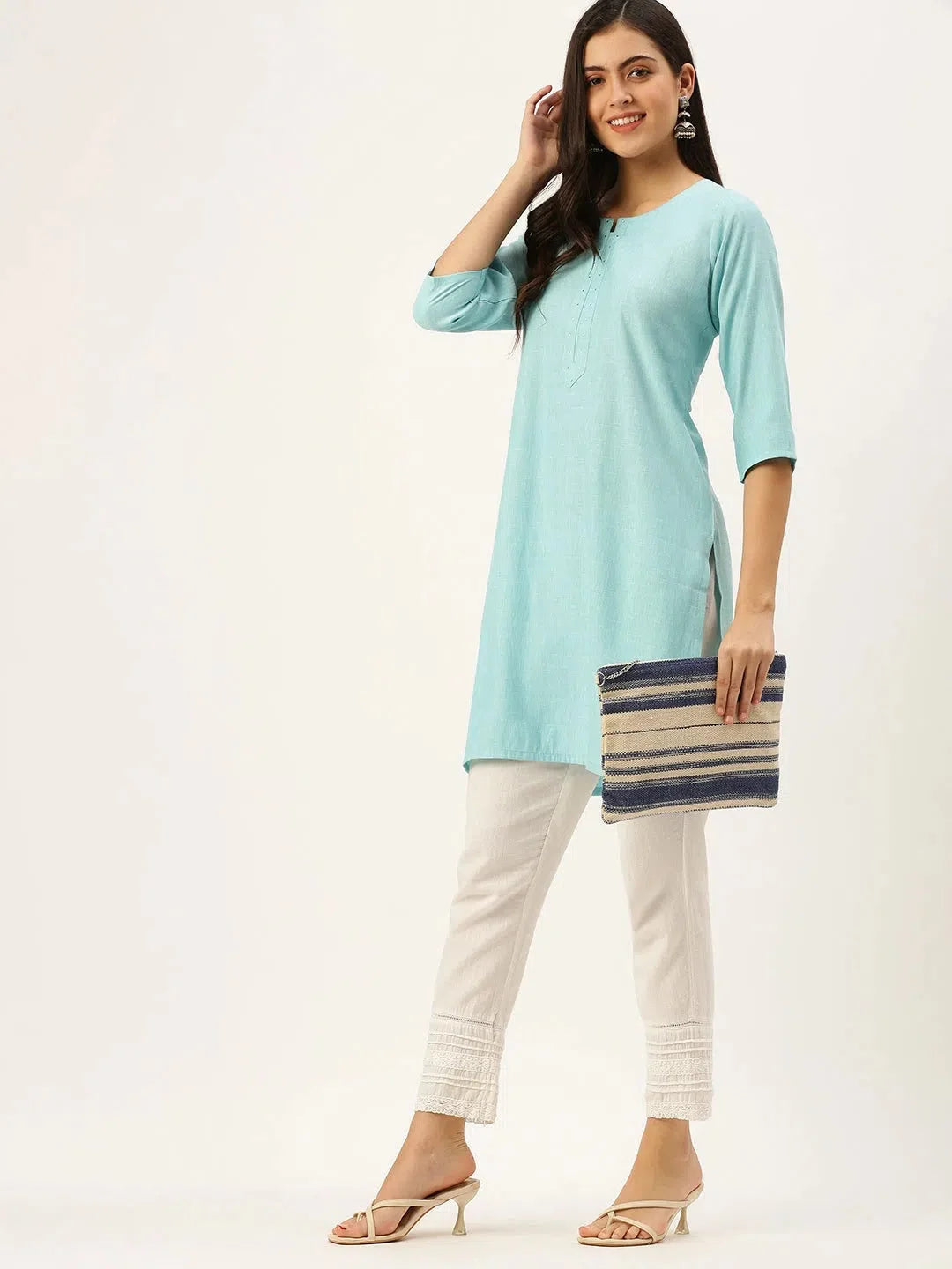 Blue Embellished Cotton Indian Kurta for Women - DesiQlo