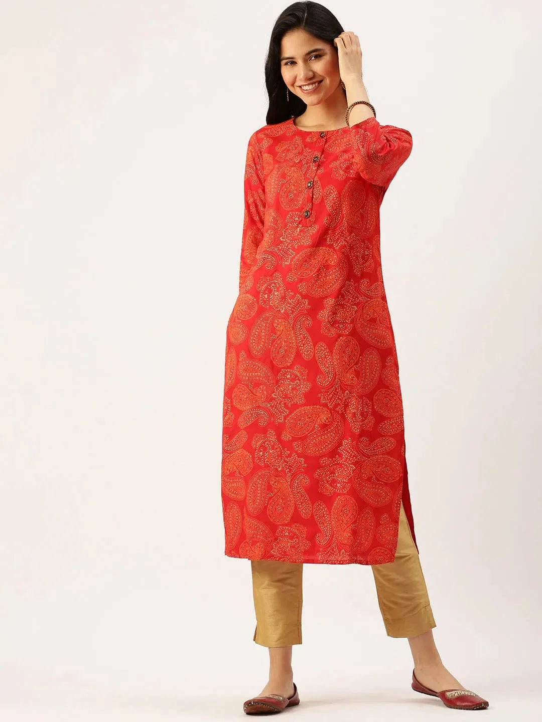 Vibrant Red Printed Cotton Indian Kurtas for Women - DesiQlo