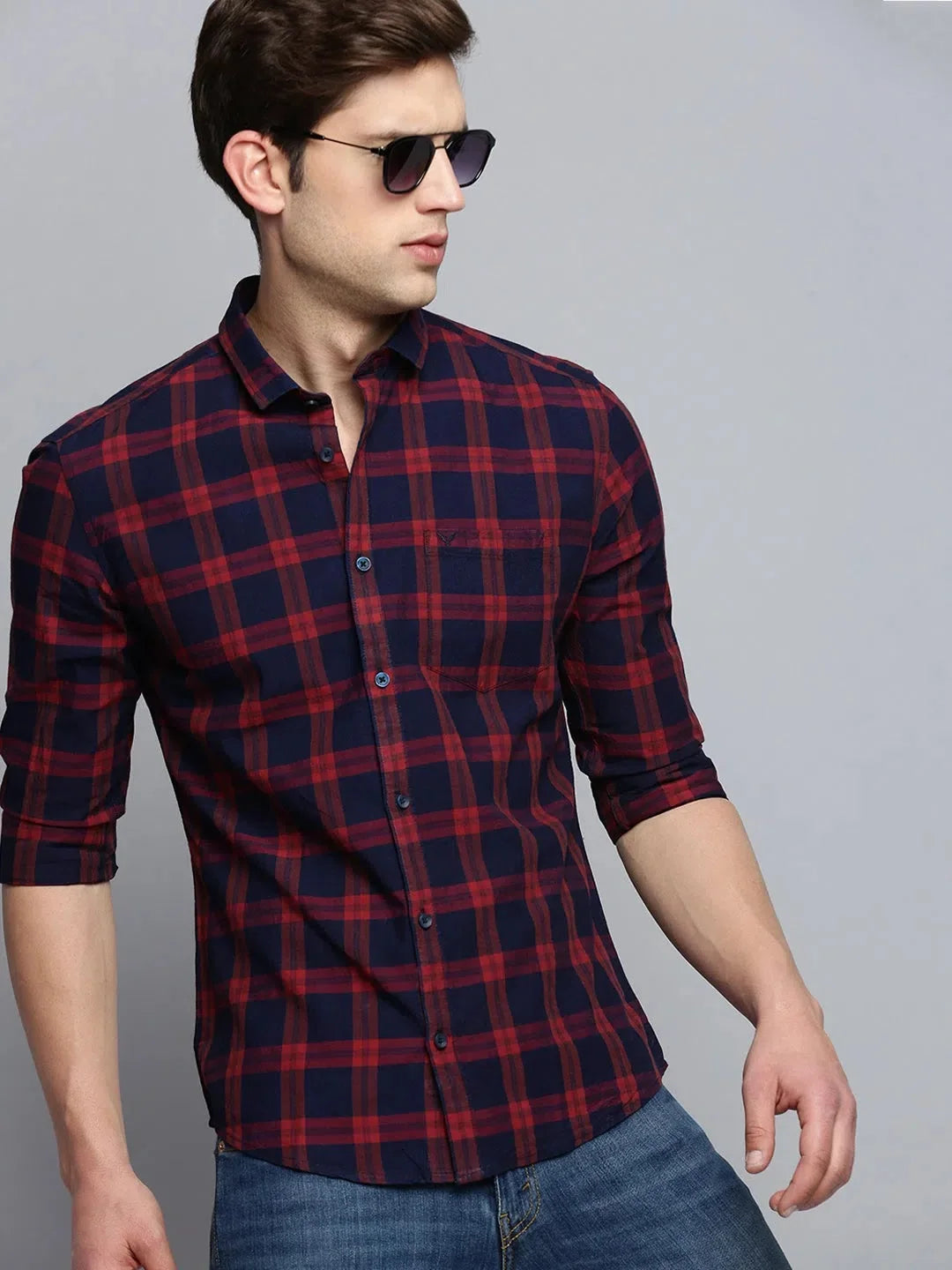 Shop Navy Checked Mens Shirt - DesiQlo Cotton Casual Shirt