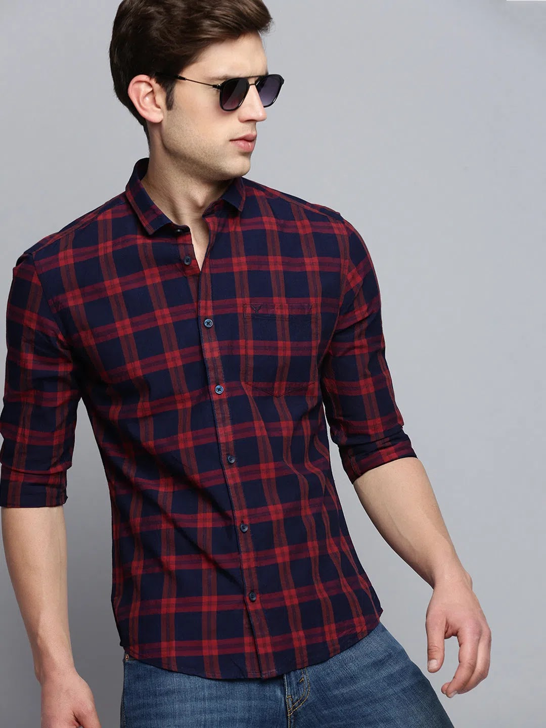 Shop Navy Checked Mens Shirt - DesiQlo Cotton Casual Shirt