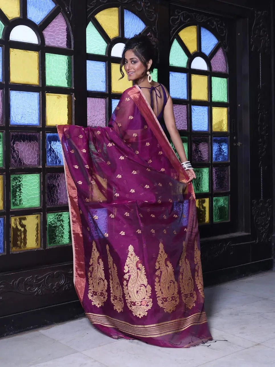 Purple Cotton Indian Sari with Zari Borders