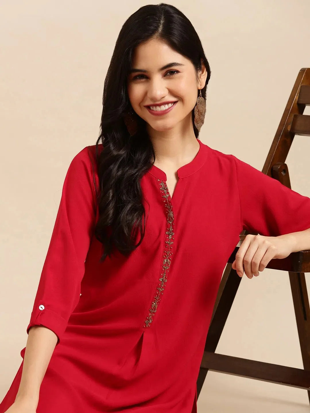 Women's Red Embellished Straight Kurta | Festive Indian Kurtis