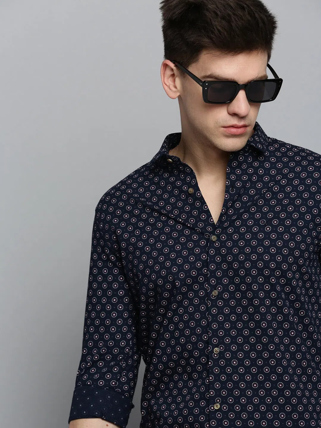Men's Navy Printed Shirt - Stylish Cotton Mens Shirt Online