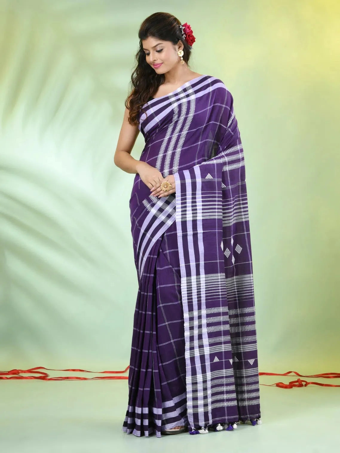 Violet Cotton Check Saree | Indian Sarees Online