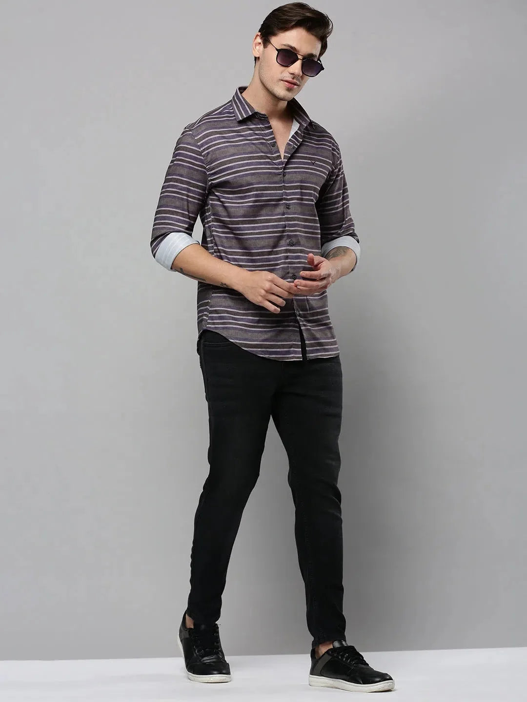 Men's Striped Shirt - Grey Cotton Casual Shirt | DesiQlo