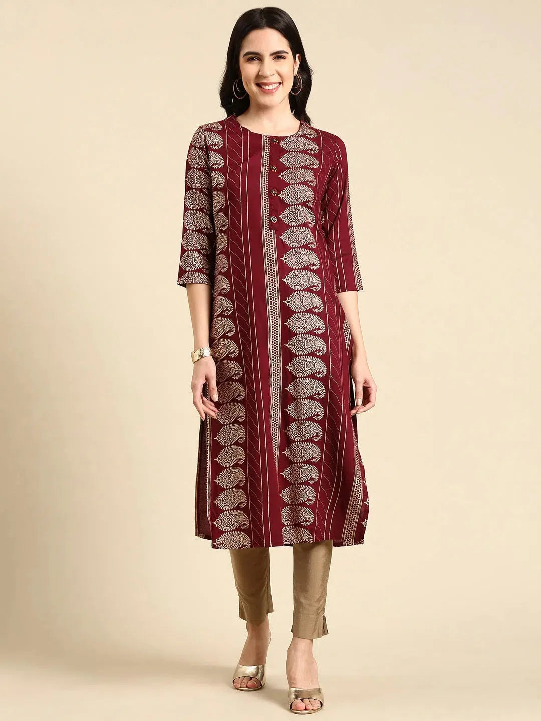 Burgundy Printed Kurta: Women's Cotton Indian Kurtas Online