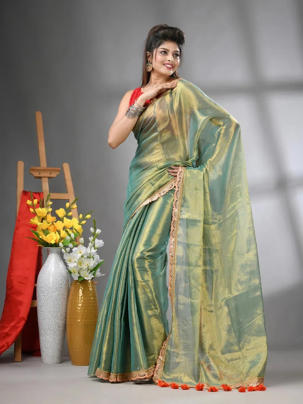 Pistachio Green Cotton Saree with Gota Patti | Indian Sarees