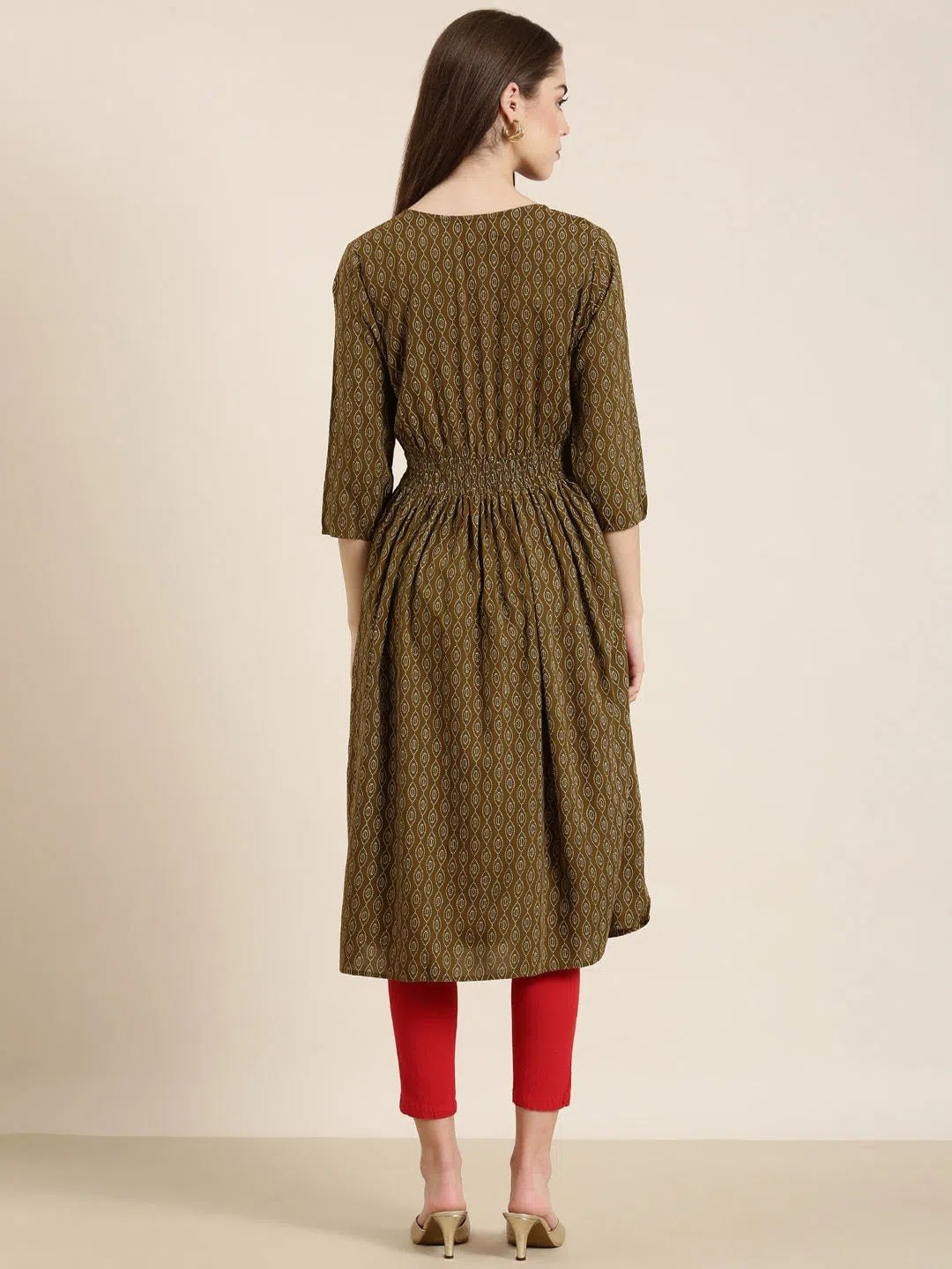 Olive Geometric Cotton Kurta - Stylish Indian Kurta for Women