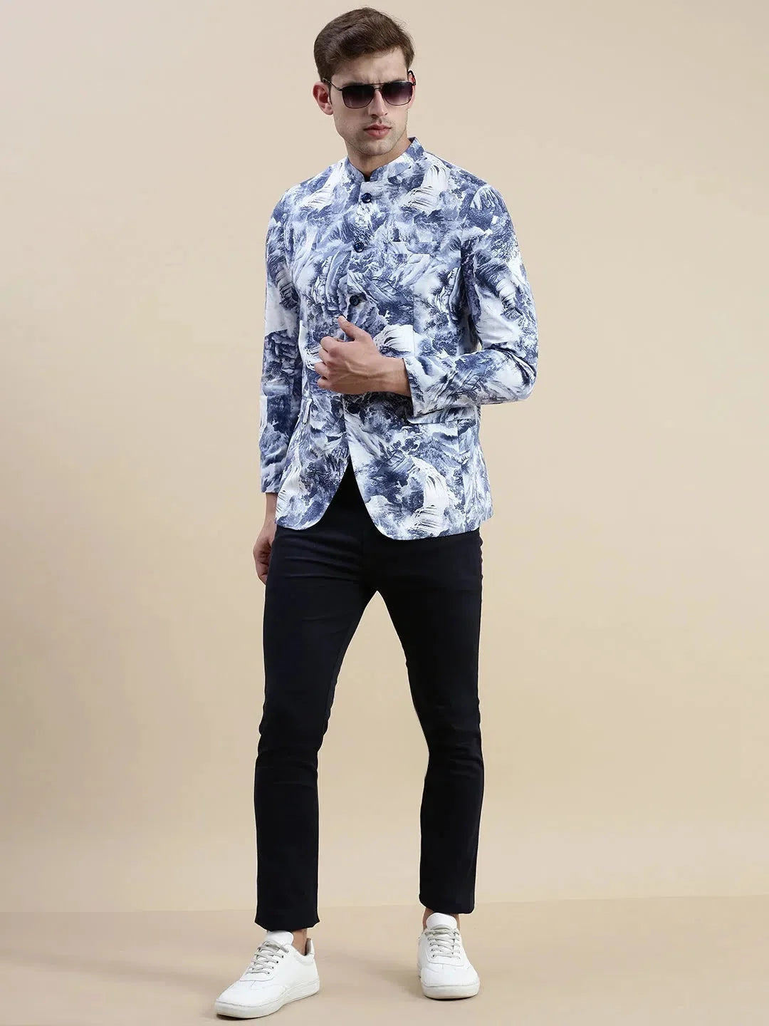 Blue Printed Cotton Blazer | Men's Ethnic Wear - DesiQlo