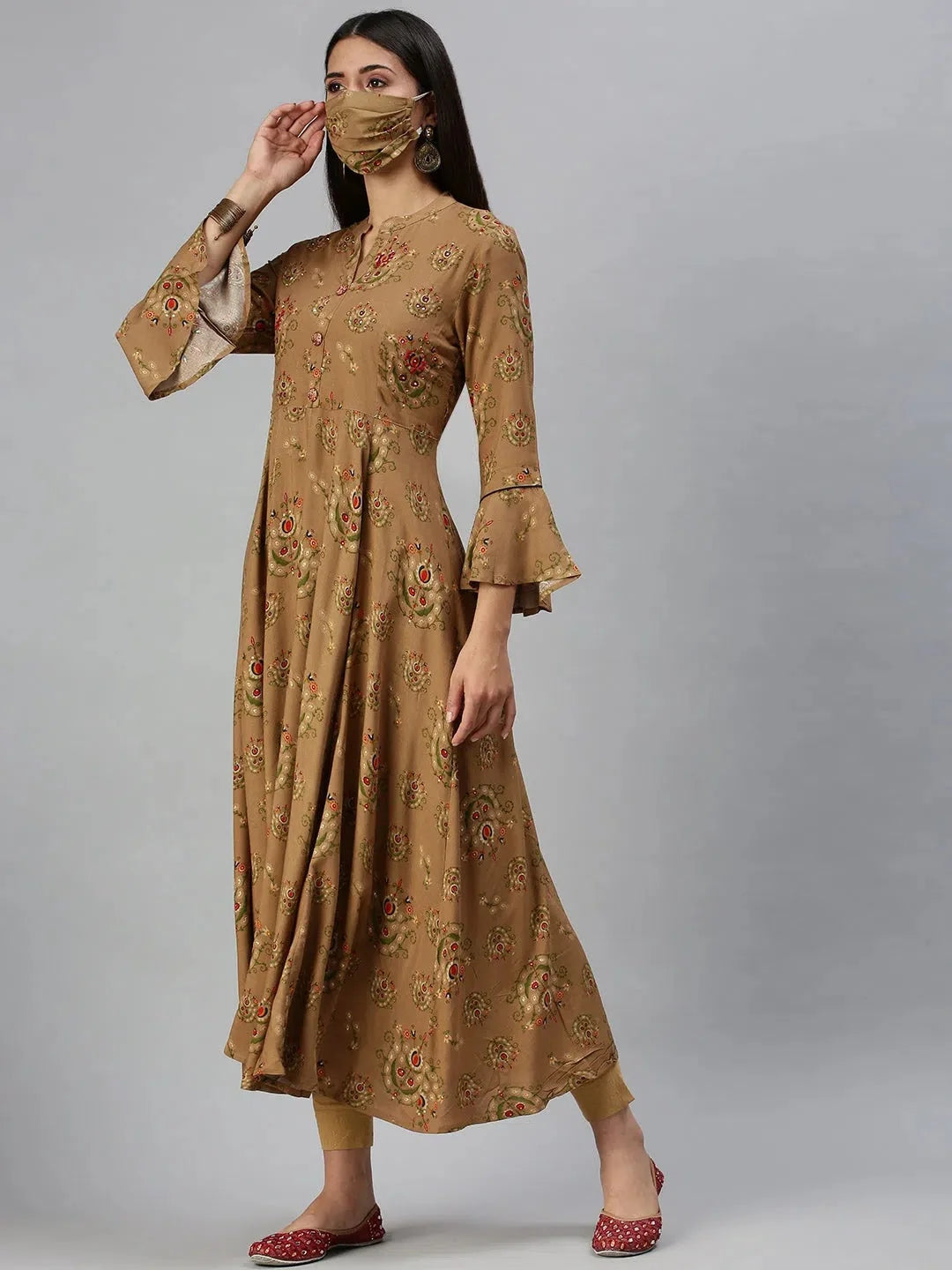 Brown Printed Anarkali Kurti for Women | Cotton Anarkali Kurta