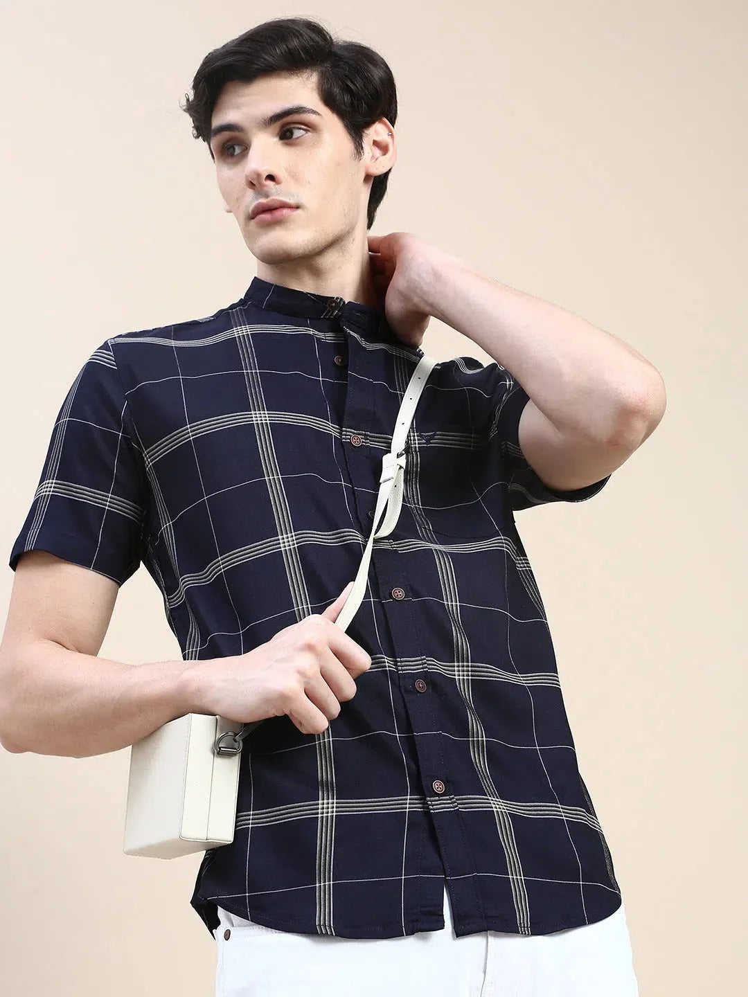Men's Navy Checked Shirt - Cotton Casual Shirt | DesiQlo