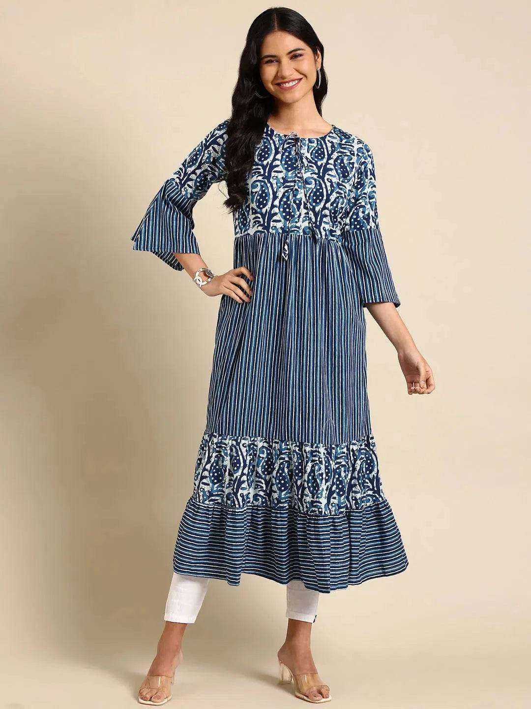 Navy Blue Printed Anarkali Kurti - Women's Cotton Anarkali