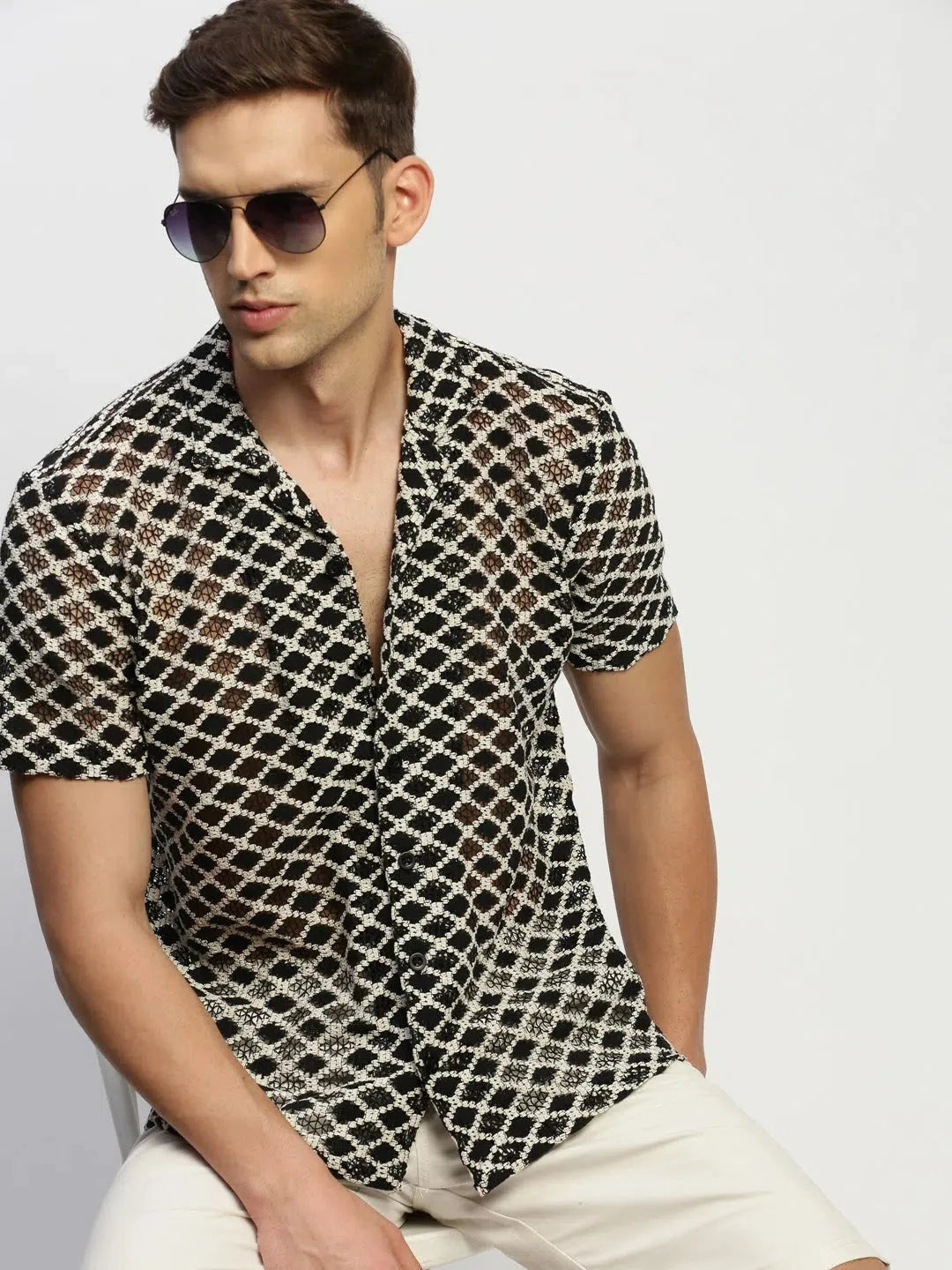 Men's Cream Geometric Shirt - Stylish Cotton Shirt | DesiQlo