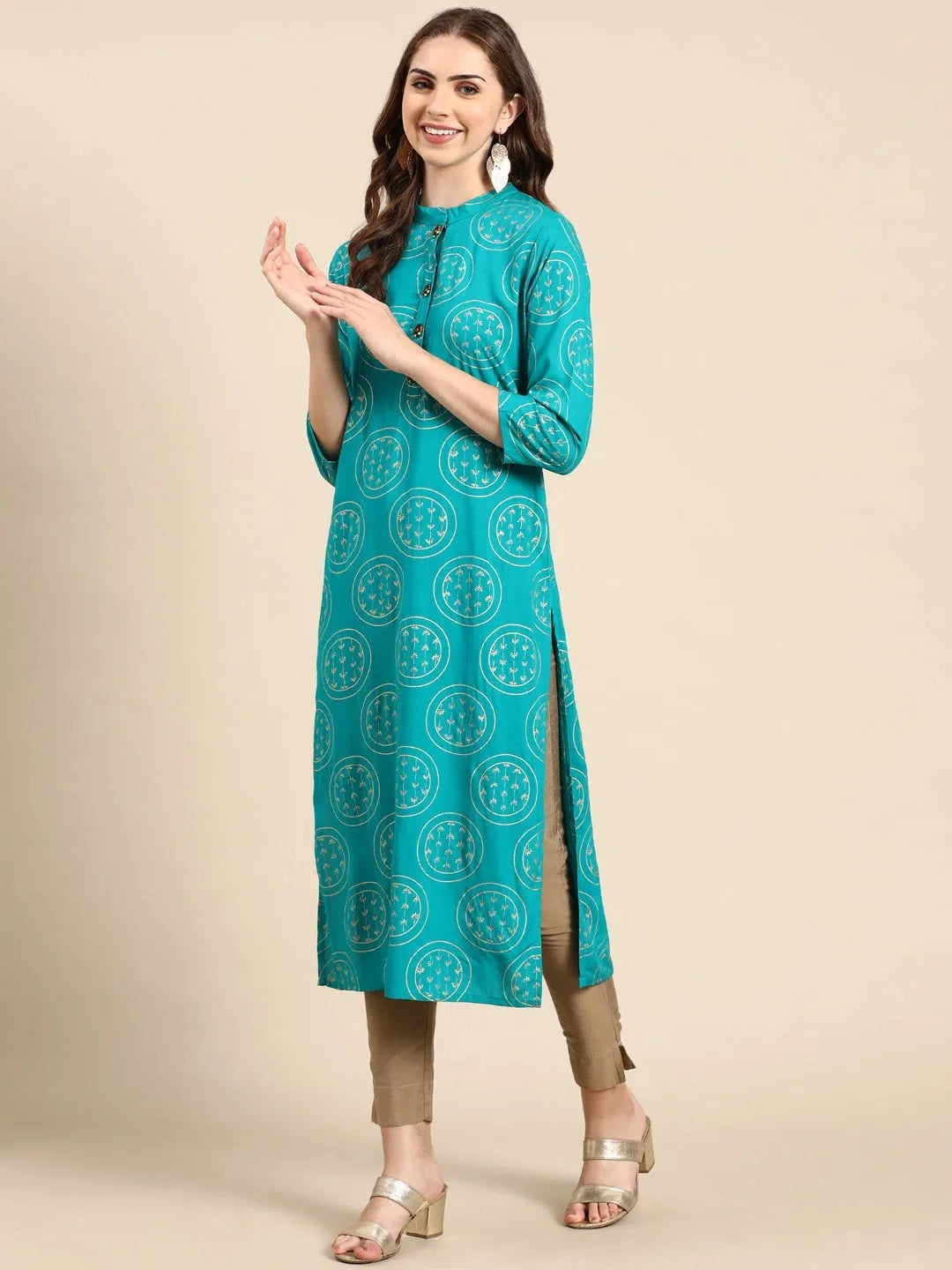 Turquoise Blue Printed Cotton Kurti | Women's Indian Kurtis