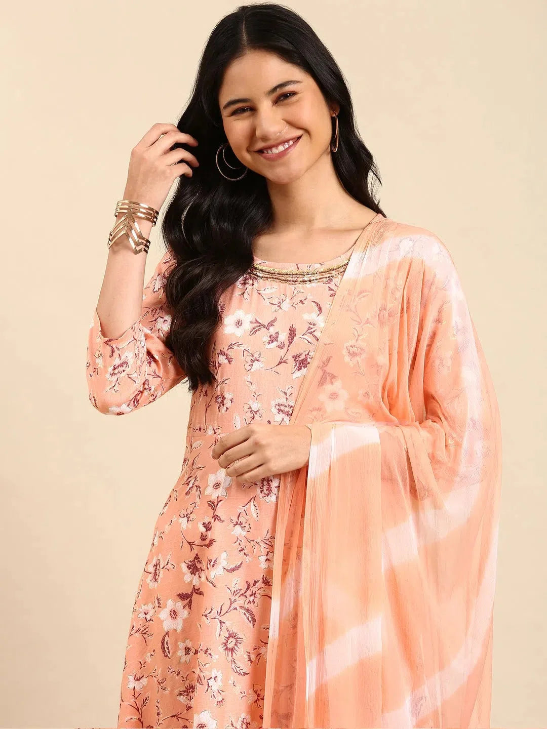 Peach Printed Kurta Set | Women's Designer Kurta Sets
