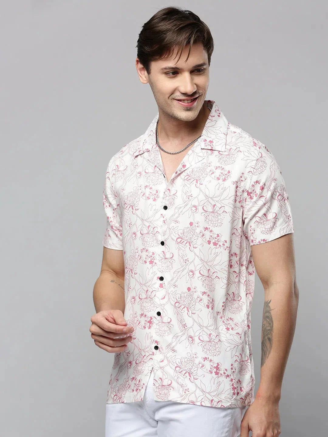 White Printed Mens Shirt - Viscose Beach Shirts