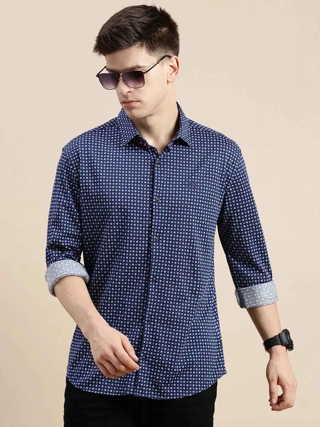 Navy Geometrical Mens Shirt - Cotton Printed Shirt | DesiQlo