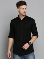 Men Black Solid Casual Shirt-CARLOKNITS-3222-Black