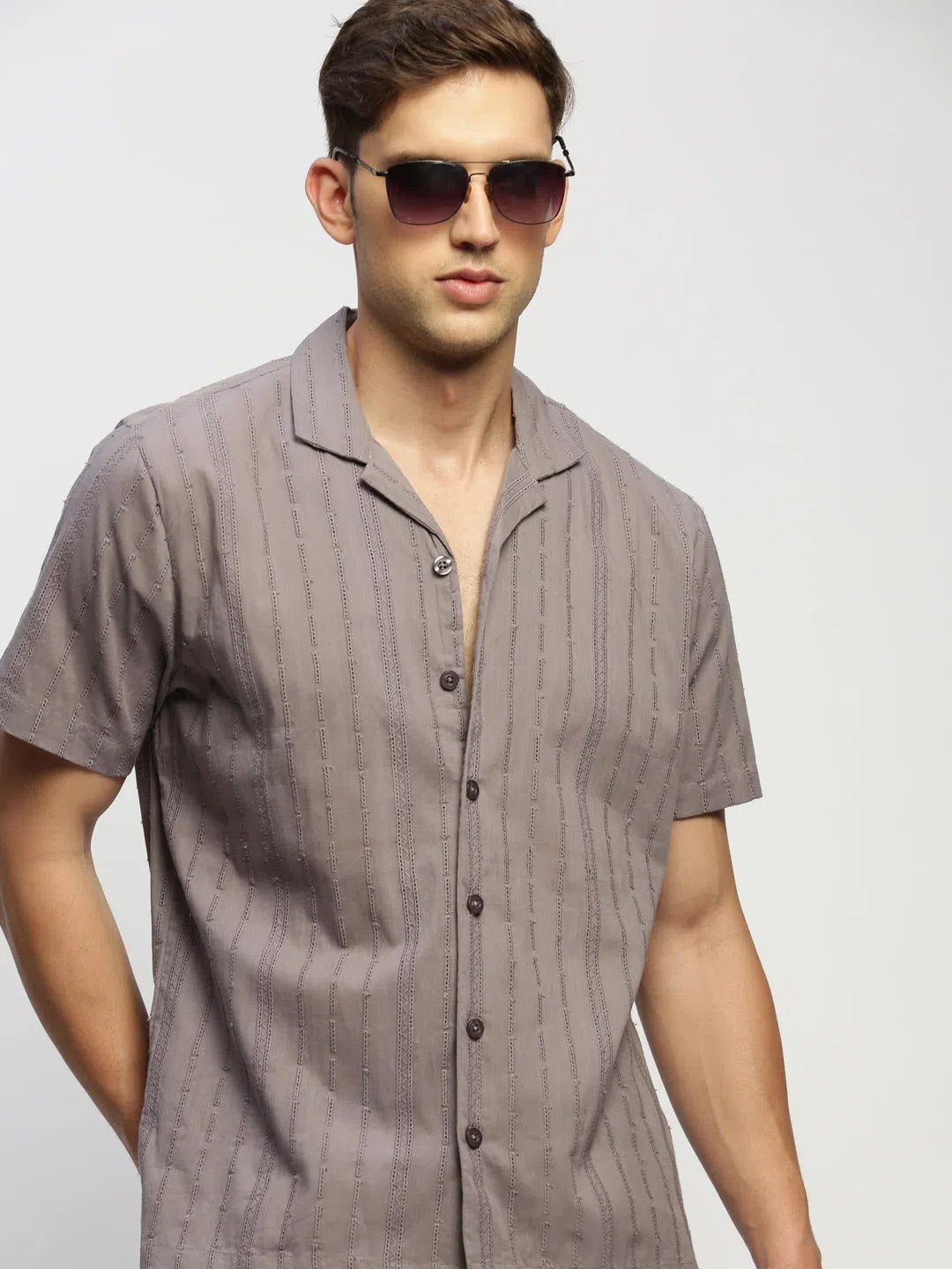 Grey Striped Mens Shirt - Cotton, Stylish Fit | DesiQlo
