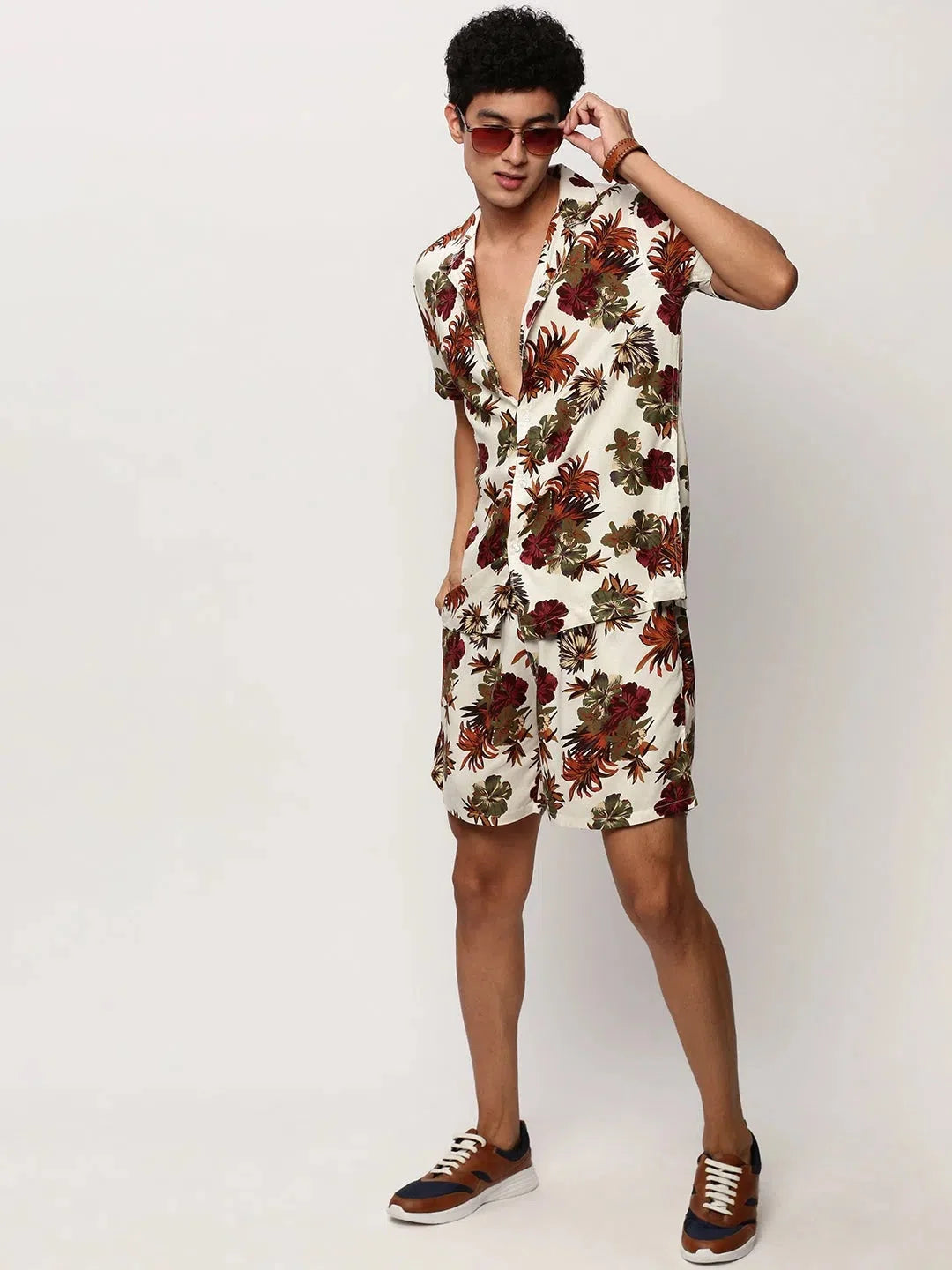 Men's Cream Printed Casual Co Ord Sets | Cotton Two Piece Sets