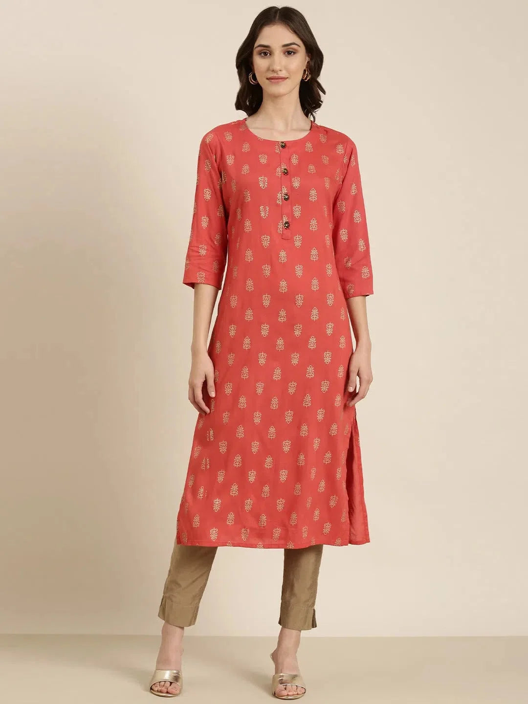 Coral Floral Print Cotton Indian Kurta Ladies - DesiQlo