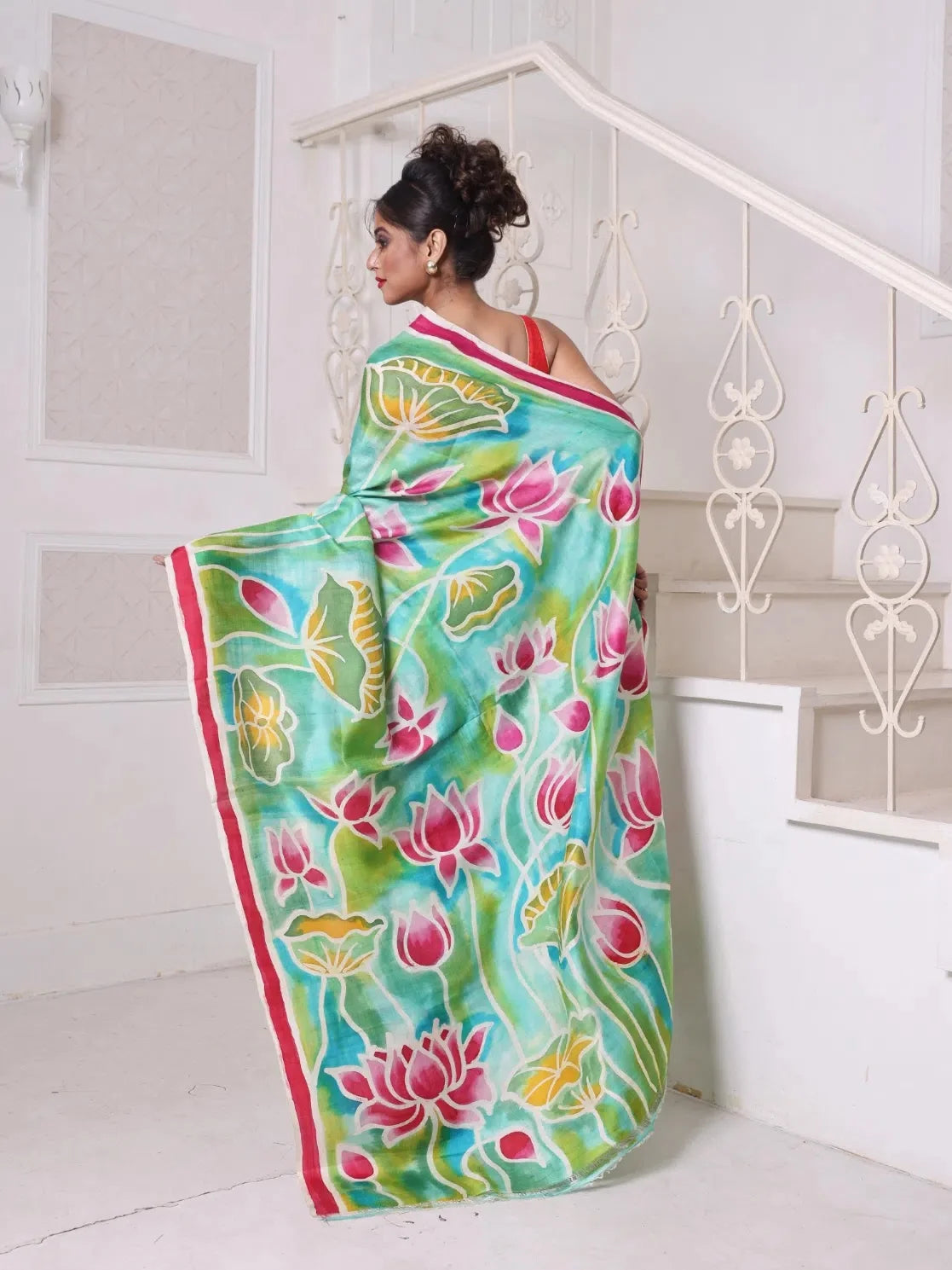 Sea Green Lotus Hand Painted Silk Saree | Indian Wedding Sarees