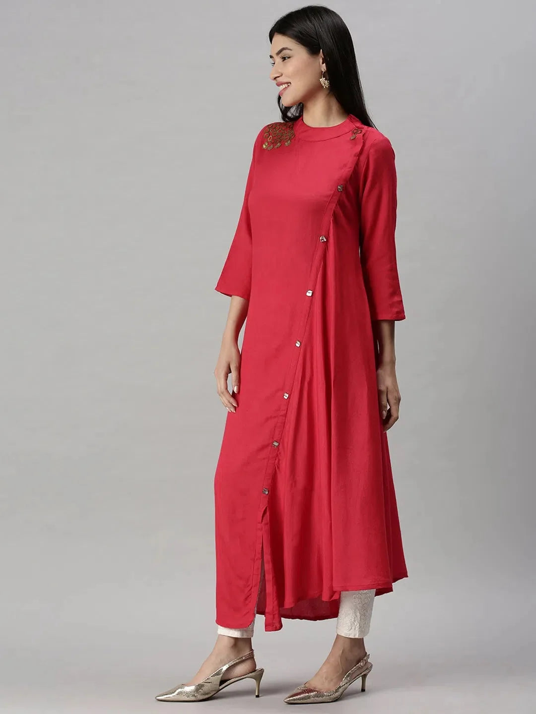 Pink Solid A-Line Kurta - Women's Indian Kurtis, Cotton Fabric
