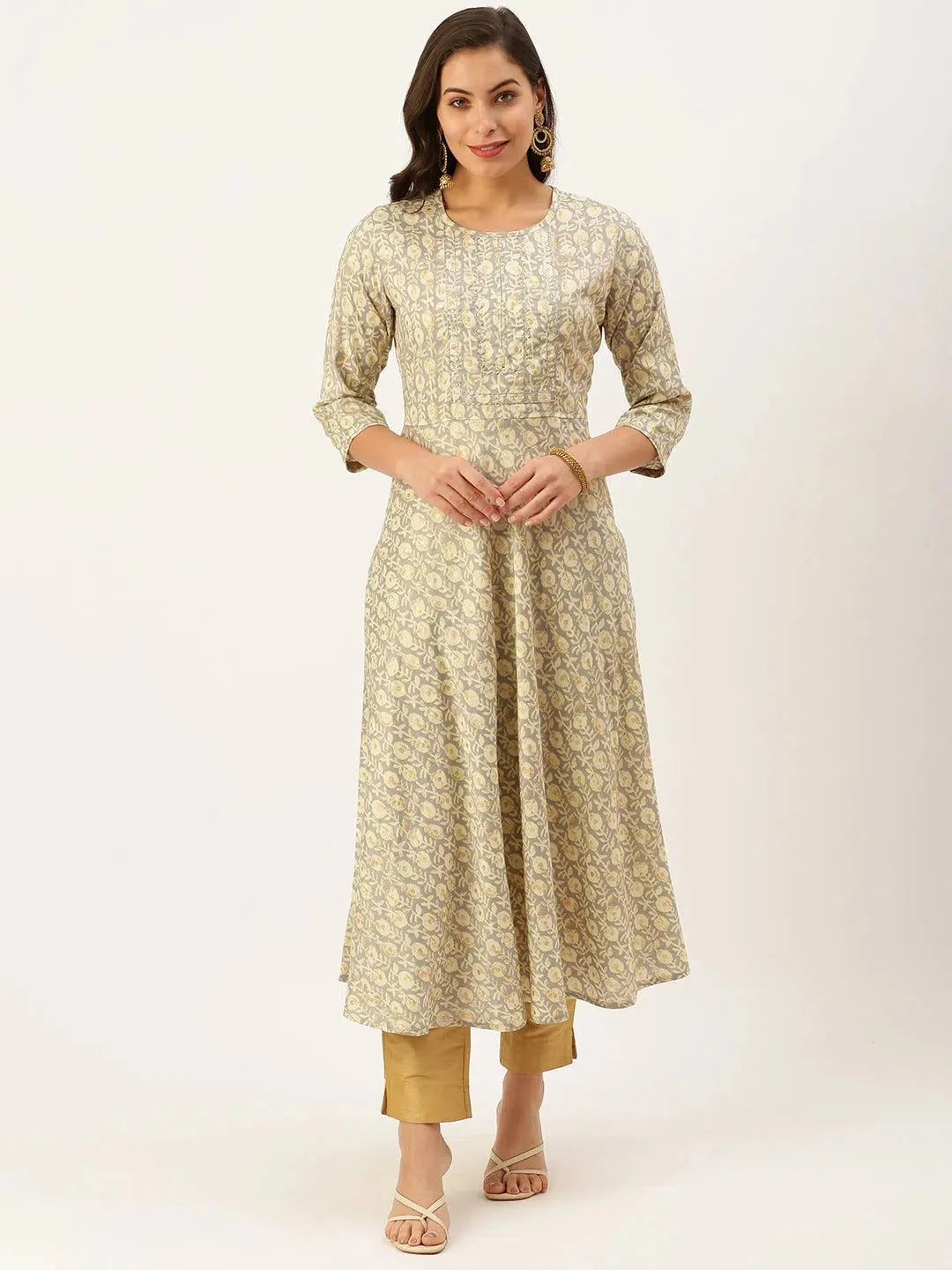 Grey Printed A-Line Kurtas for Women - Indian Kurta Online