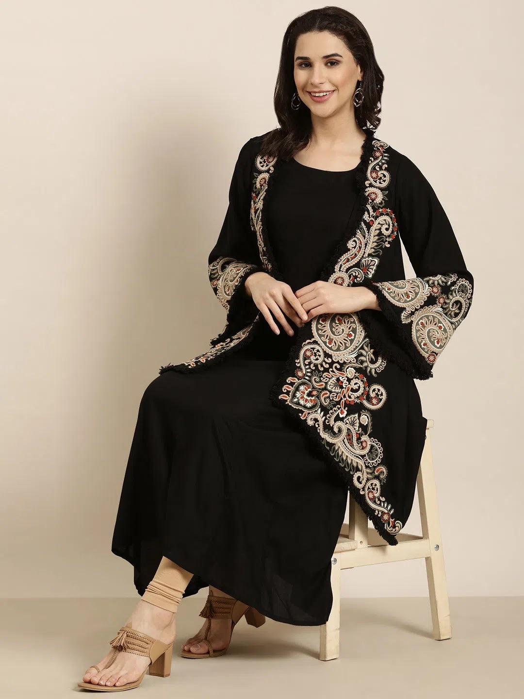 Women A-Line Black Solid Kurta Comes With Overcoat-ON-773-Black