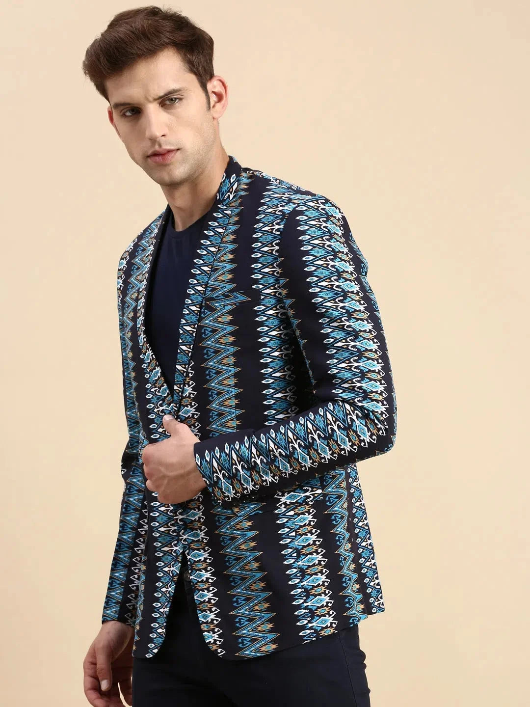 Navy Printed Casual Blazer | Men's Ethnic Wear | DesiQlo