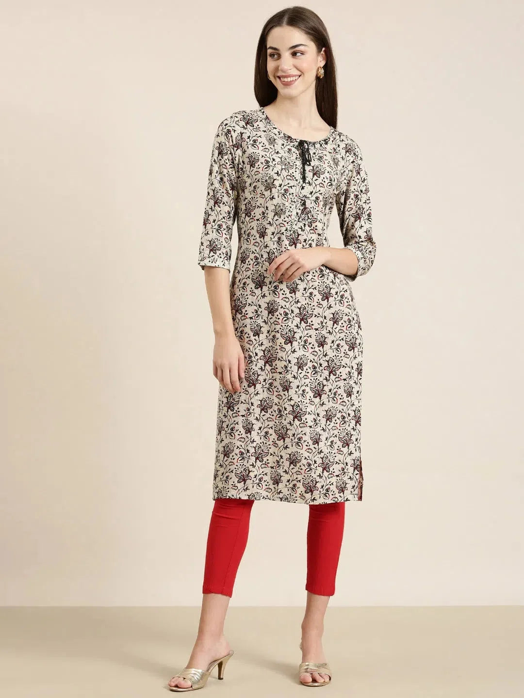 Cream Floral Cotton Kurta - Women's Indian Kurta Designs