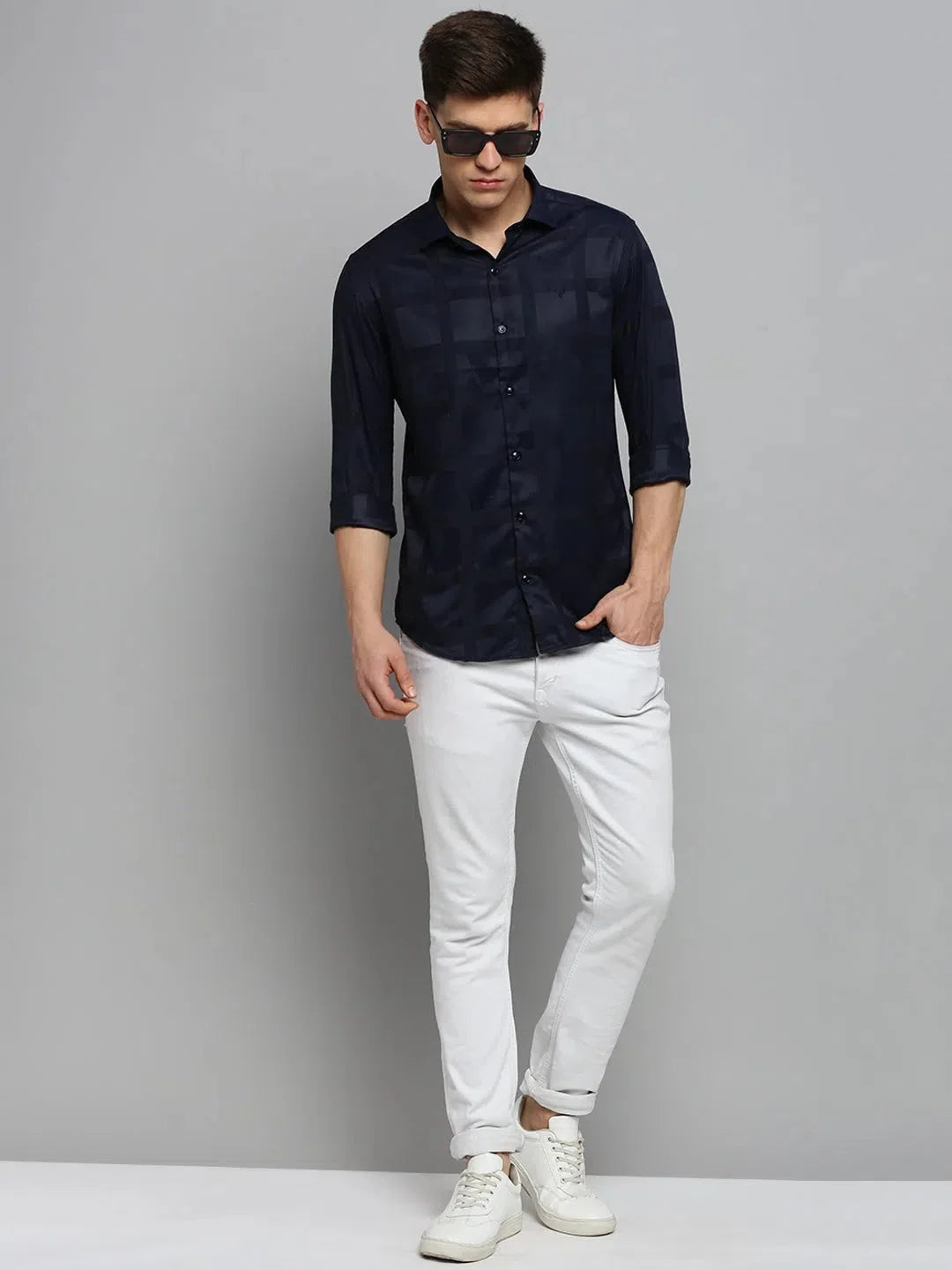 Navy Blue Solid Cotton Mens Shirt | DesiQlo Formal Shirt