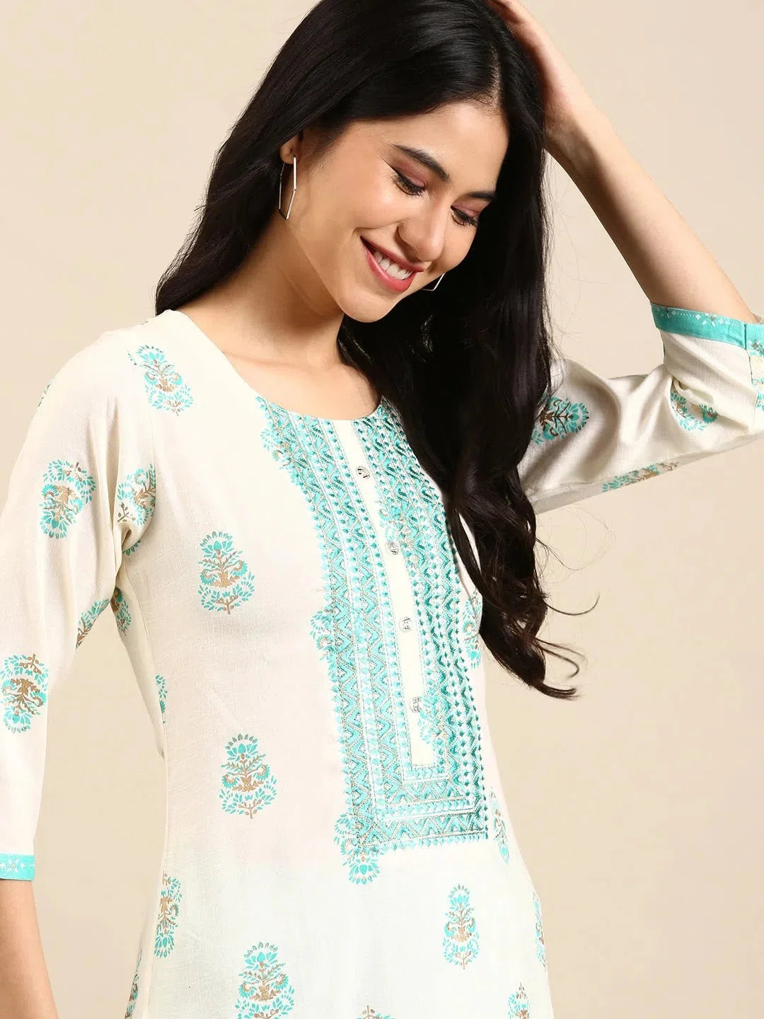 Soft Cream Floral Cotton Kurta Set | Women's Indian Kurta Sets