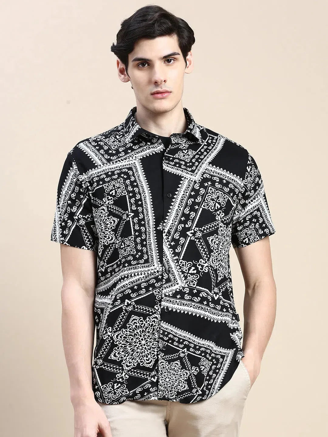 Black Ethnic Cotton Mens Shirt | Casual Printed Shirt