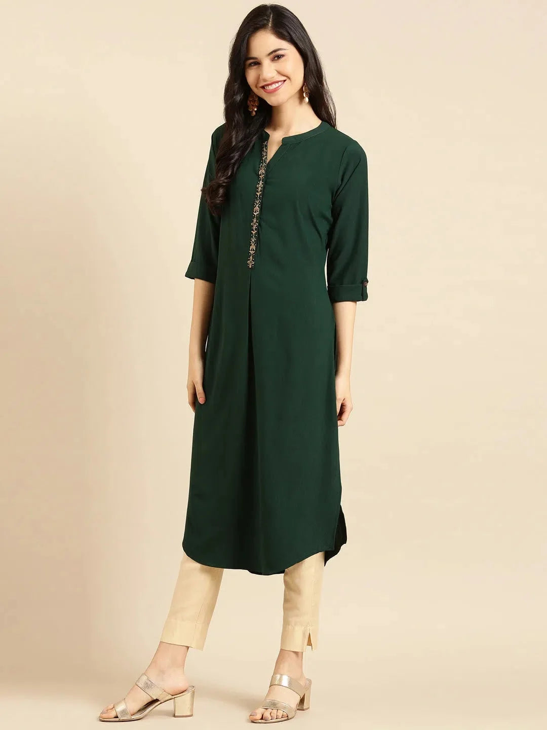 Green Embellished Polyester Kurta | Stylish Indian Kurtis Online