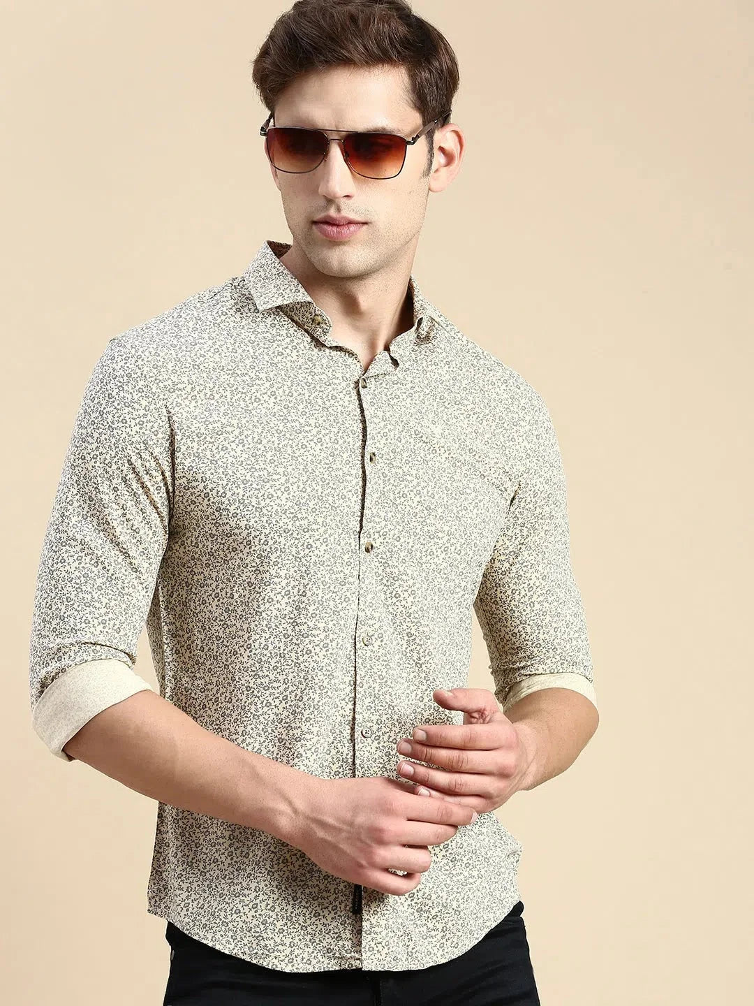 Beige Printed Mens Shirt | Cotton Casual Shirts DesiQlo