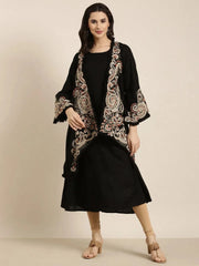Women A-Line Black Solid Kurta Comes With Overcoat-ON-773-Black