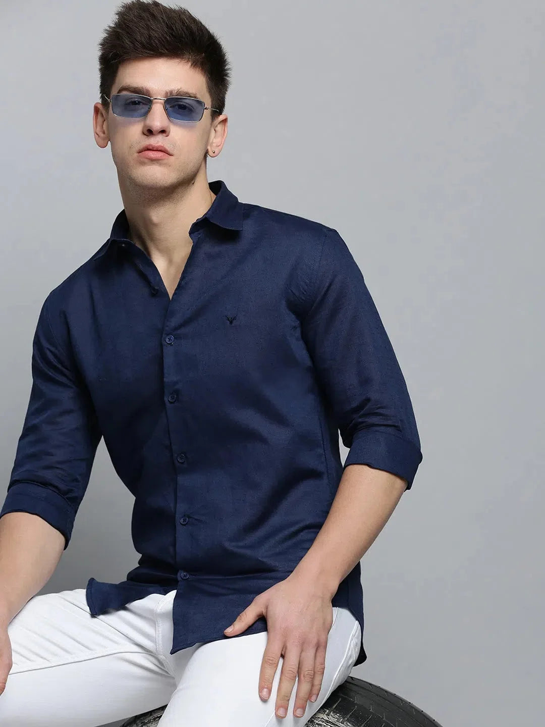 Men Navy Solid Casual Shirt-MUNIFICENCEPLAIN-3396-Navyblue