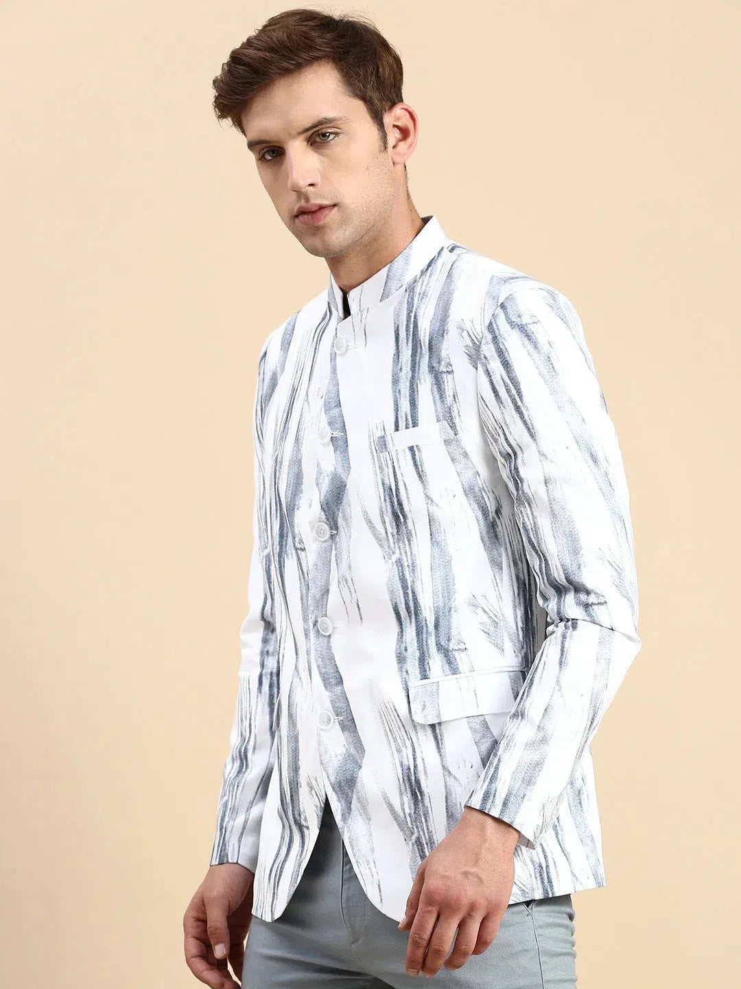White Printed Party Blazer for Men | Ethnic Nehru Jacket Style