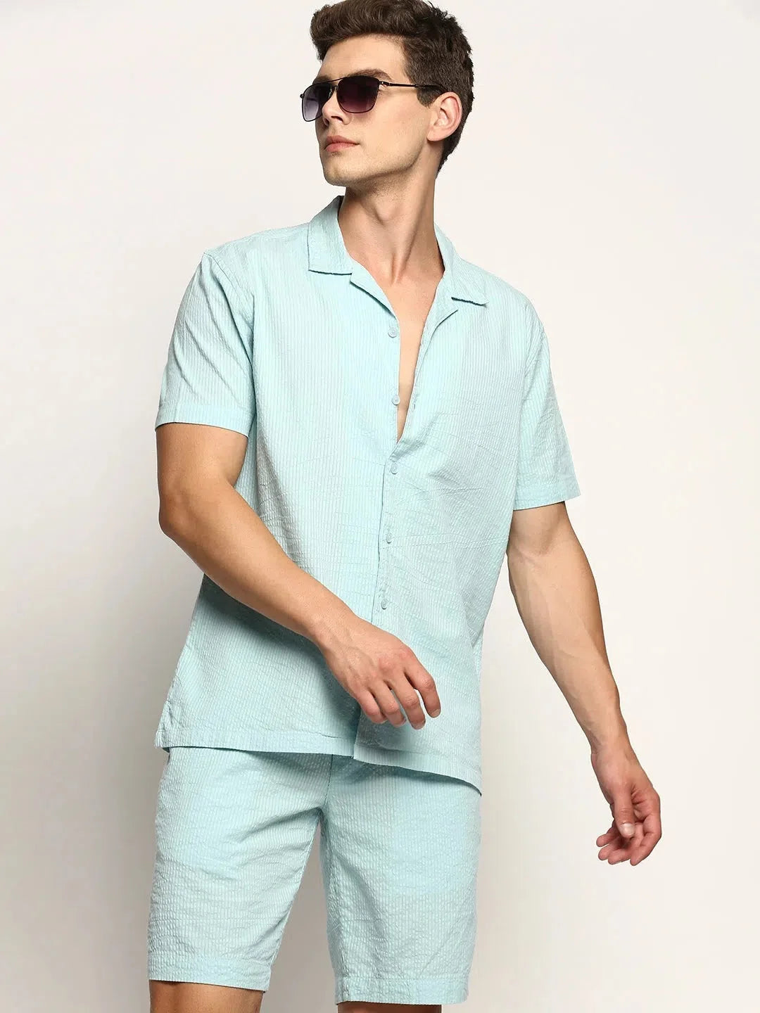 Blue Solid Mens Two Piece Sets - Cotton Co ord Sets for Men