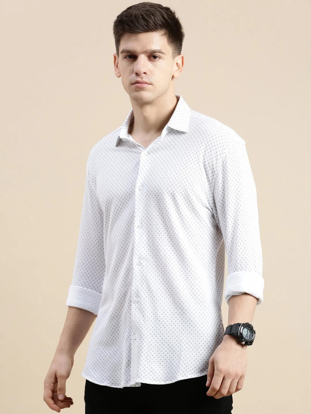White Geometric Cotton Mens Shirt - Modern Casual Style