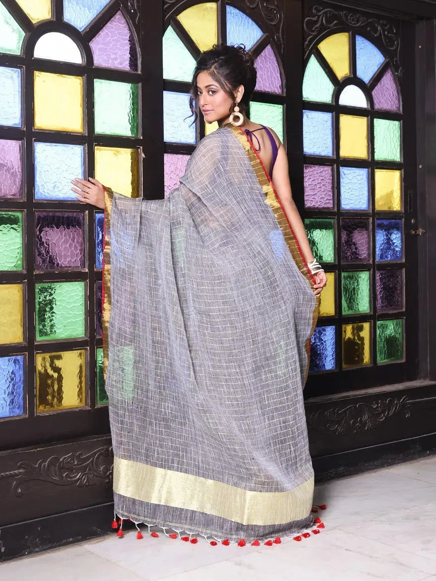 Grey Linen Check Saree with Zari - Designer Sarees India