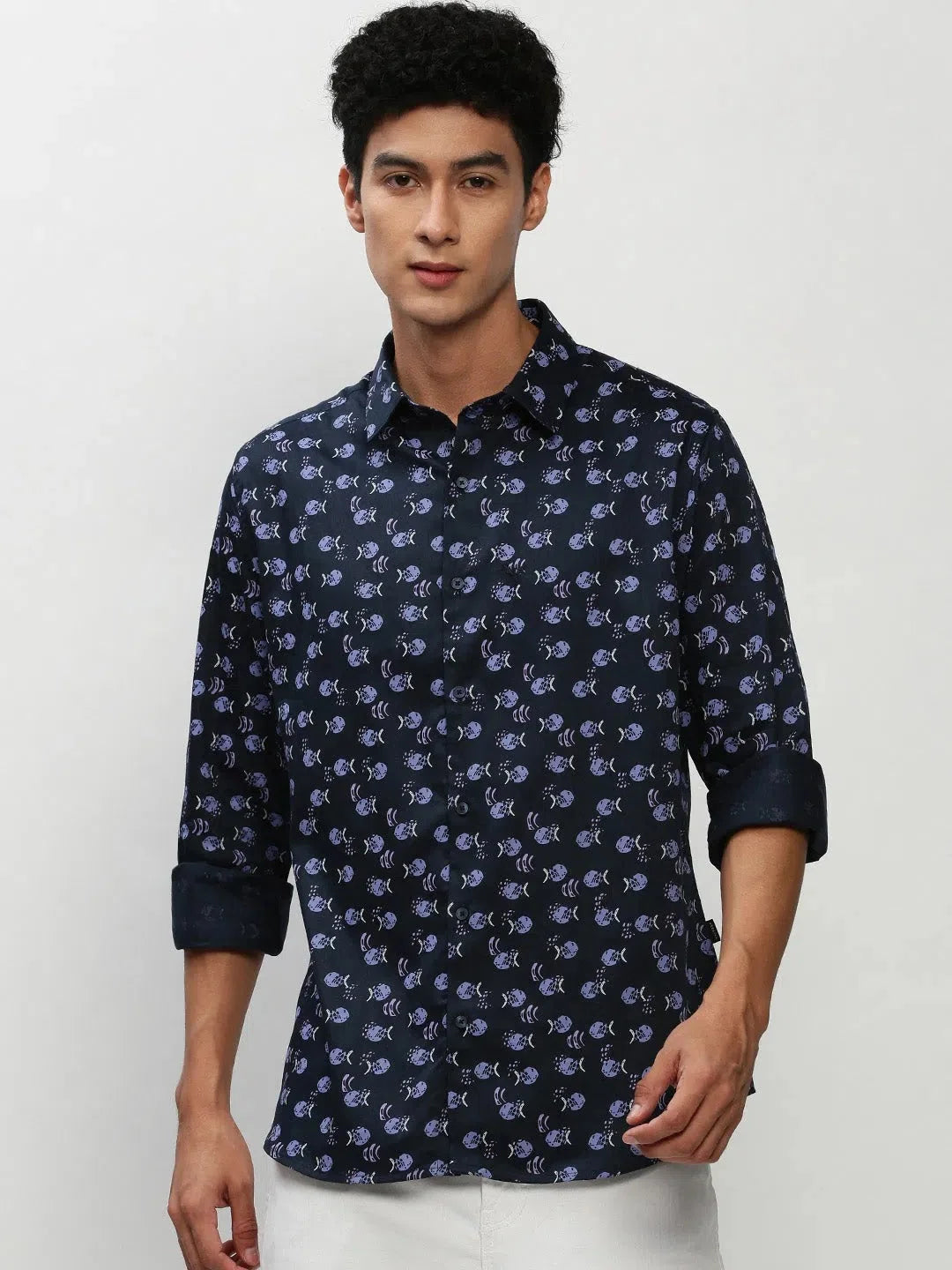 Men's Navy Printed Cotton Shirt | Casual & Trendy