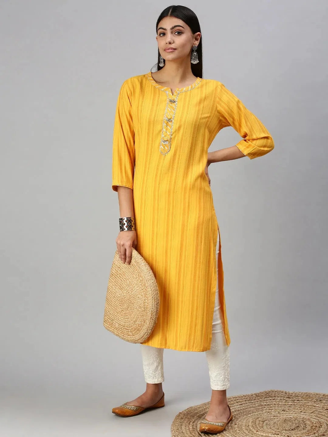 Yellow Striped Cotton Kurta for Women - Indian Kurta Online