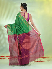 Green Cotton Saree With Zari Borders-MA64BCT401190049