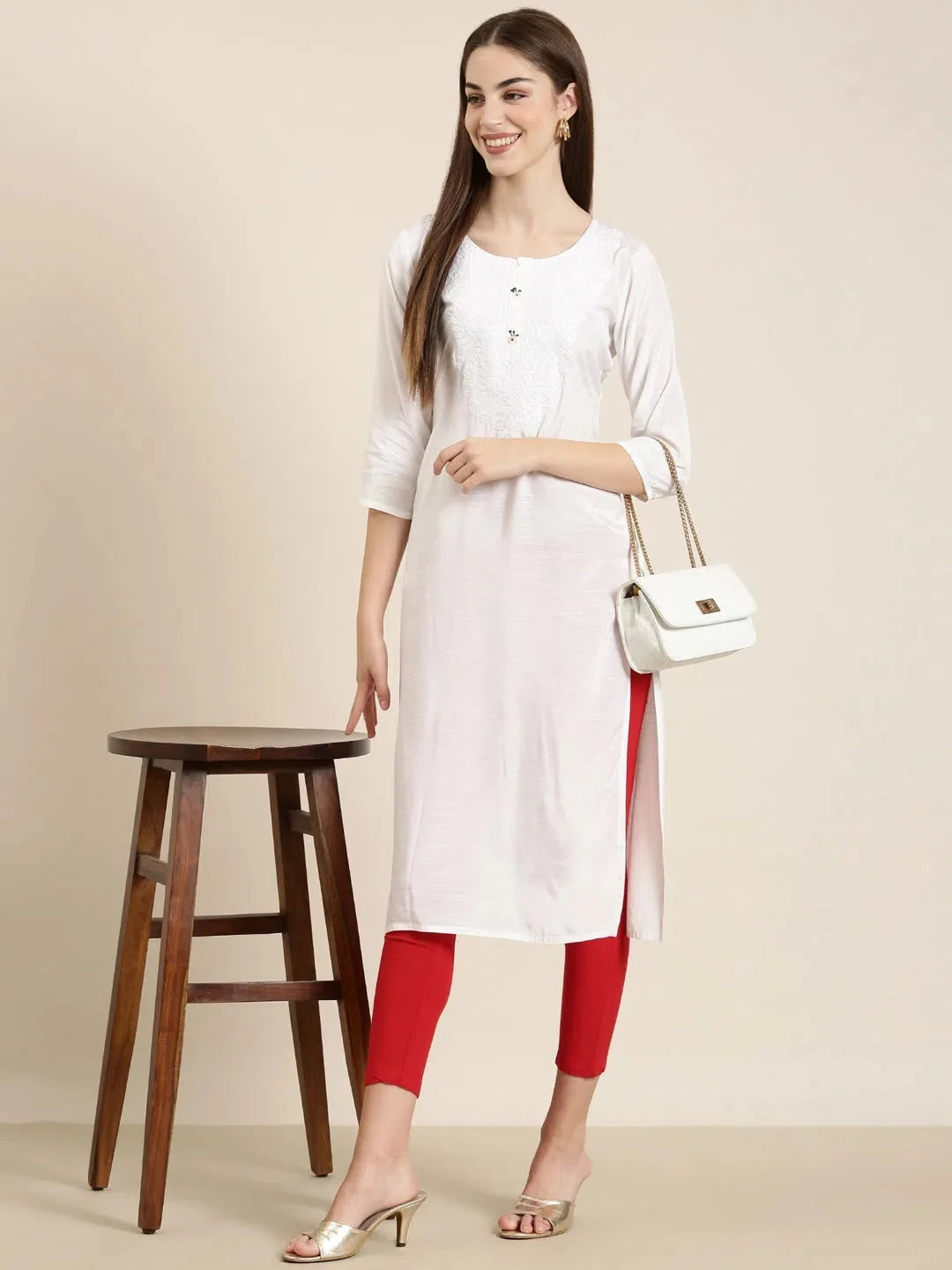 Elegant White Polyester Indian Kurta - DesiQlo Ladies Kurtas