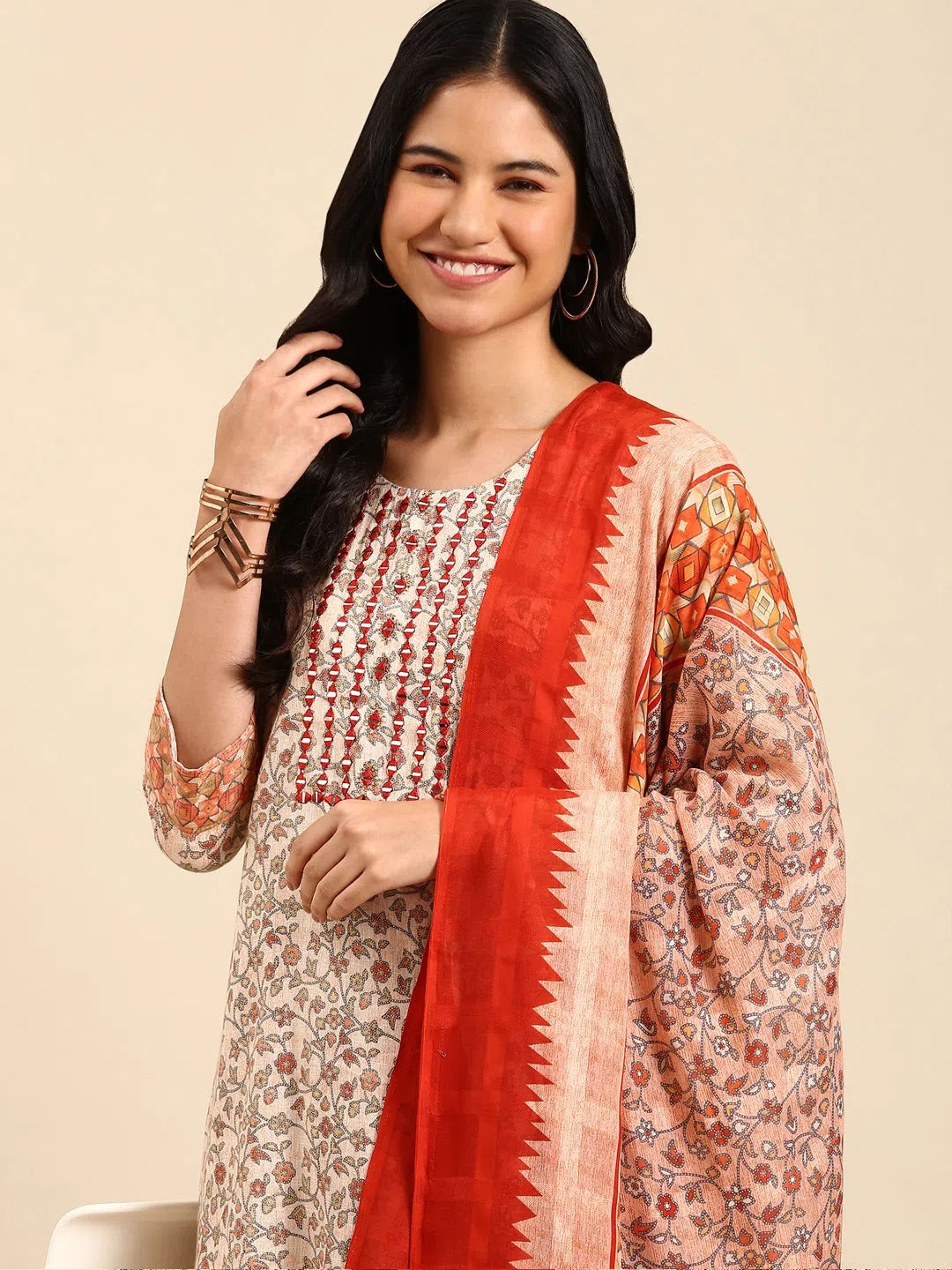 Peach Floral Women's Kurta Set | Cotton Indian Kurta Sets