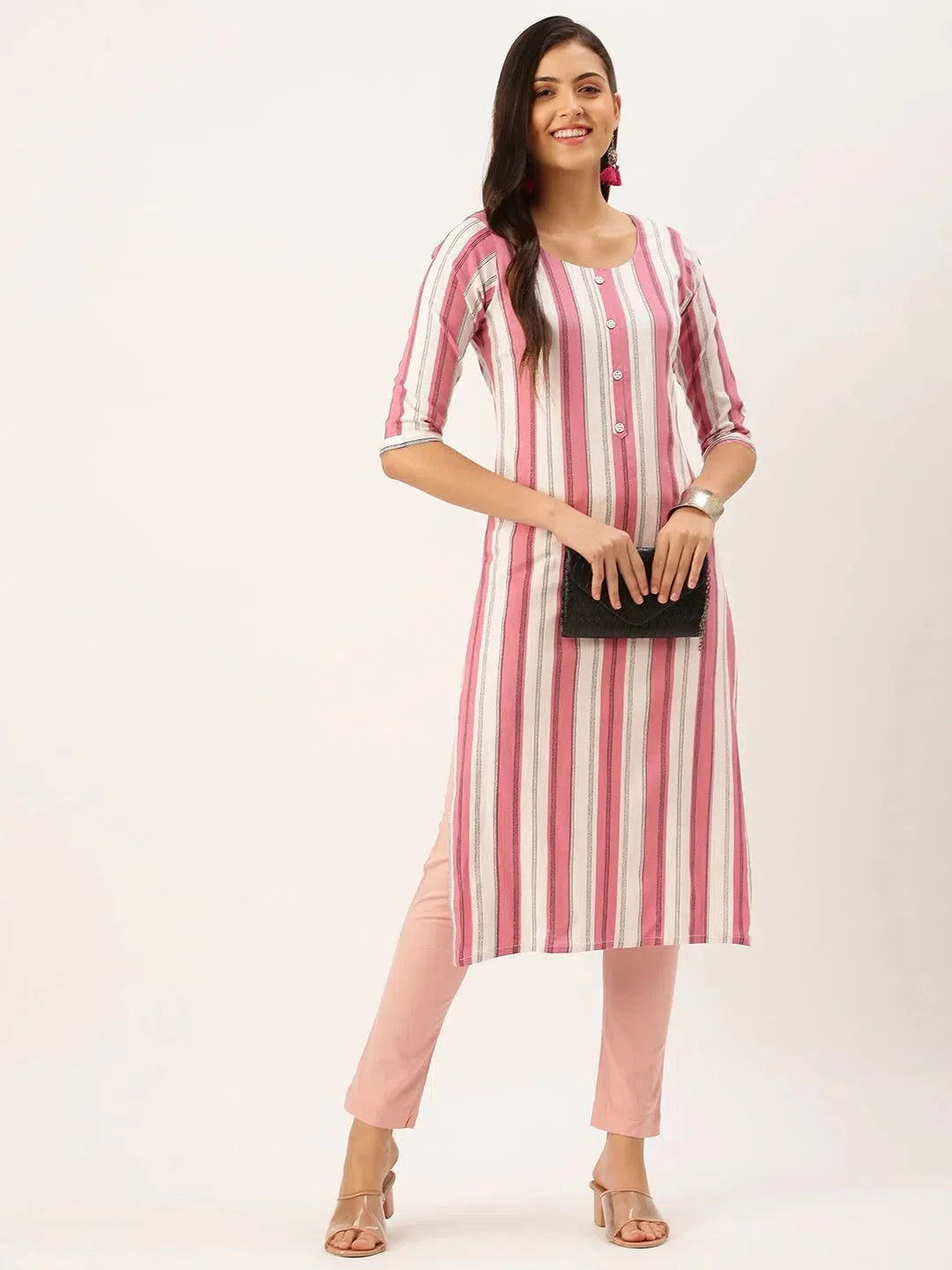 Pink Striped Cotton Indian Kurta for Ladies | DesiQlo